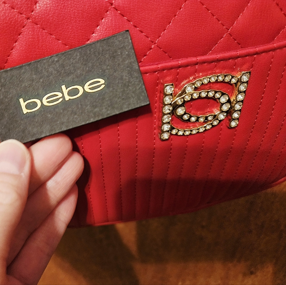 bebe Quilted Red Crossbody Bag with Gold Chain and Crystal Logo - Picture 8 of 16